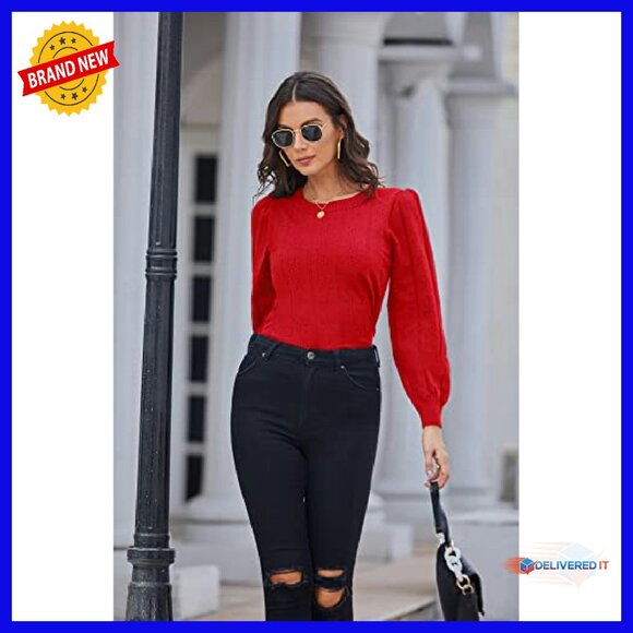 Long Lantern Sleeve Crochet Pullover Sweater Hollow Out Knit Top - Picture 5 of 8